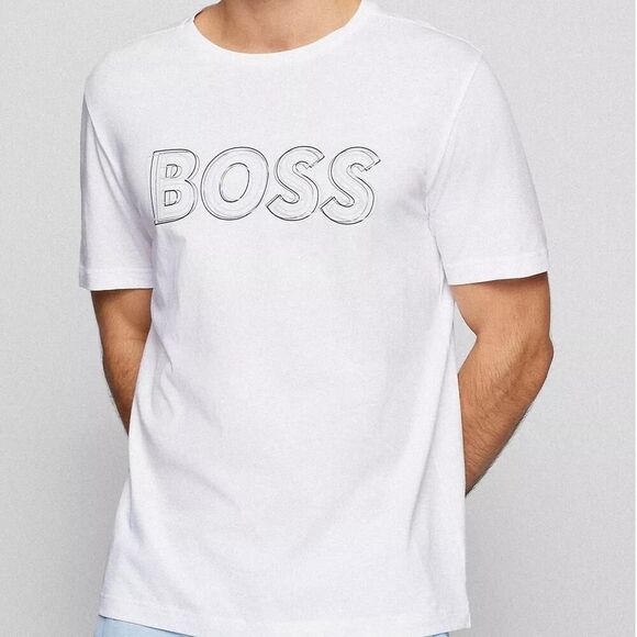 BOSS Hugo Boss Tee 1 T-shirt White Artwork Logo Graphic Size L Crewneck - Picture 1 of 15